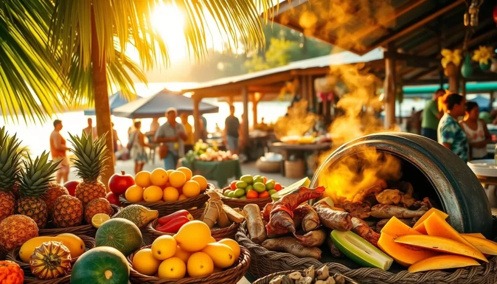 A vibrant scene of traditional Fijian cuisine, bathed in warm, golden light from a setting sun. In the foreground, a lush array of tropical fruits - pineapples, mangoes, and papaya - arranged artfully on woven bamboo platters. In the middle ground, a sizzling clay oven showcases the preparation of traditional lovo dishes, with tender meats and root vegetables steaming beneath its aromatic palm leaves. In the background, a tranquil open-air market, bustling with vendors offering freshly caught seafood, local spices, and aromatic herbal teas. The atmosphere is one of cultural celebration, with the scent of blossoming flowers and the gentle hum of conversation permeating the air.