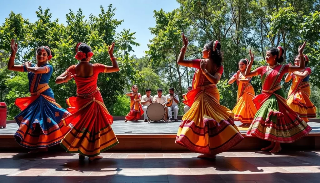 A vibrant scene of traditional Indian dance, captured with natural lighting on a sun-dappled stage. Graceful dancers adorned in colorful, ornate costumes perform intricate, synchronised movements, their limbs and bodies flowing like water. In the middle ground, a circle of musicians play traditional instruments, adding rhythm and energy to the captivating display. The background features lush, verdant foliage and a clear, azure sky, creating a serene, celebratory atmosphere. The composition is balanced, with the dancers commanding the focal point, while the supporting elements complement the overall sense of cultural tradition and regional pride.