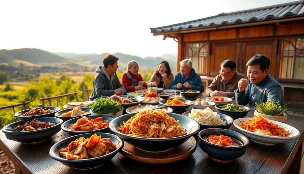 A vibrant scene of traditional Korean cuisine set against the backdrop of a serene countryside landscape. In the foreground, an array of colorful dishes - bulgogi, japchae, kimchi, and more - artfully arranged on a wooden table. In the middle ground, a group of locals enjoying a lively meal, their faces alight with conversation and delight. The background features rolling hills, lush foliage, and a clear sky with soft, natural lighting casting a warm glow over the entire scene. Capture the essence of North Jeolla's renowned food culture, where ancient culinary traditions and local ingredients converge to create a truly mouthwatering experience.