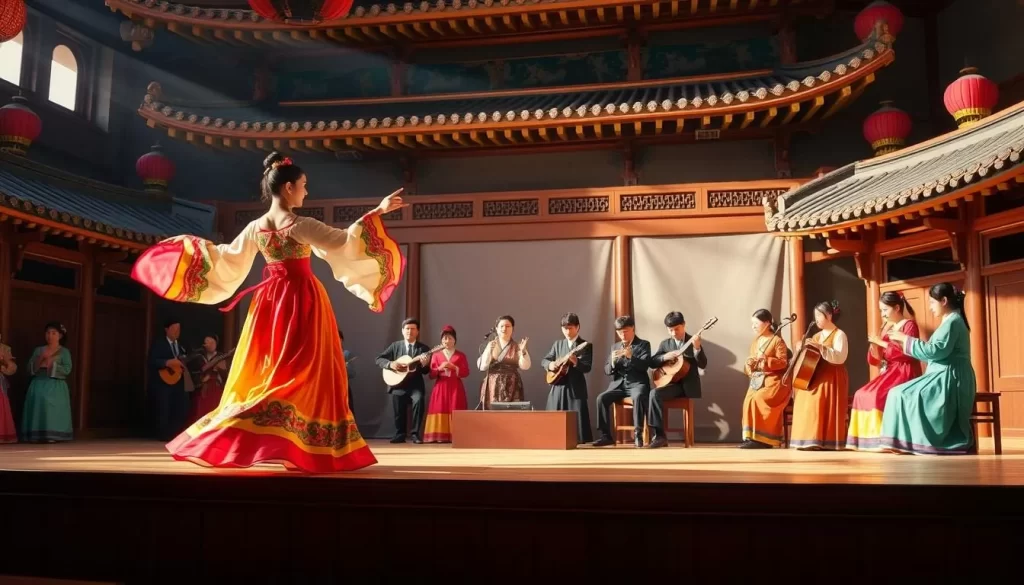 A vibrant scene of traditional Korean performances unfolds on the stage. In the foreground, a graceful dancer dressed in a colorful hanbok twirls and leaps, her movements fluid and captivating. In the middle ground, a troupe of musicians play traditional instruments, their melodies filling the air with an enchanting rhythm. The background showcases the intricate architecture of a historic Korean performance hall, its ornate details bathed in warm, natural lighting. The atmosphere is one of cultural celebration, where the rich heritage of Korea is showcased in a visually stunning display.