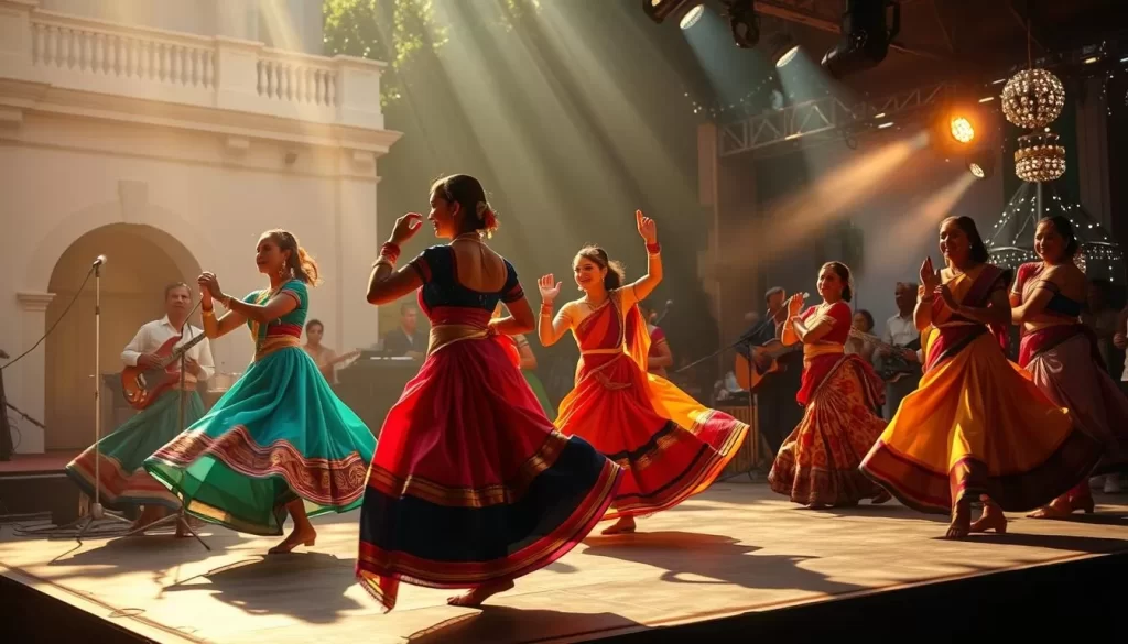 A vibrant scene of traditional Puducherry dance performances on a sun-dappled stage. Graceful dancers in colorful, flowing costumes move to the rhythmic beats of live music, their movements reflecting the lively spirit of the festivities. The background features a glimpse of the historic colonial architecture, adding to the cultural ambiance. Soft, warm lighting creates a welcoming atmosphere, with a slight haze in the air capturing the festive mood. The composition focuses on the mesmerizing dance, immersing the viewer in the energetic celebration of Puducherry's rich cultural heritage.