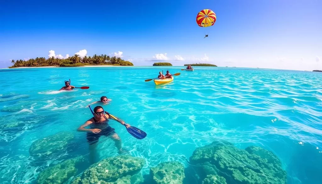 A vibrant scene of water sports in the cerulean waters of Lakshadweep during the winter season. In the foreground, a group of snorkelers explore the vibrant coral reefs, their fins and masks reflecting the sunlight. In the middle ground, a pair of kayakers glide across the calm lagoon, surrounded by palm-fringed islands. In the background, a parasail soars above the turquoise waves, capturing the exhilaration of the warm, breezy conditions. The image should convey the beauty, tranquility, and abundance of outdoor activities available in Lakshadweep during the October to February period.