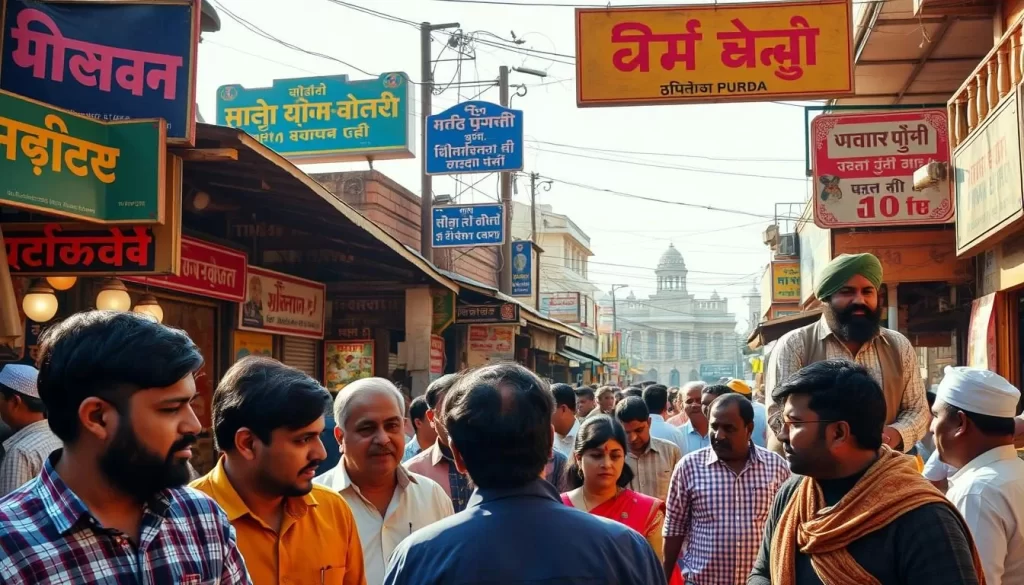 A vibrant scene showcasing the diverse languages spoken in the Indian state of Punjab. In the foreground, a group of people engaged in lively conversations, their expressions animated as they converse in Punjabi, Hindi, and Urdu. In the middle ground, a bustling market with vibrant signage in various scripts, including Gurmukhi, the official Punjabi script. In the background, a blend of traditional and modern architecture, reflecting the region's rich cultural heritage. Warm, natural lighting illuminates the scene, creating an inviting atmosphere. Capture the energy and multiculturalism of this vibrant region.