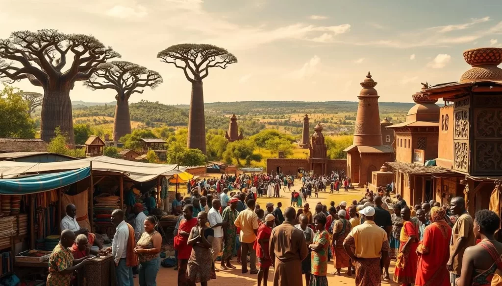 A vibrant scene unfolding in the ancient town of Notse, Togo. In the foreground, a bustling marketplace filled with colorful handwoven fabrics, intricate wood carvings, and vendors engaged in lively exchanges. In the middle ground, a grand ceremonial square where elders in traditional attire gather, surrounded by towering clay-built structures adorned with intricate patterns. The background reveals a lush, verdant landscape dotted with majestic baobab trees, their twisted trunks casting soft shadows across the scene. Warm sunlight filters through wispy clouds, illuminating the rich cultural tapestry of this historic place, a testament to the enduring heritage of the Notse people.