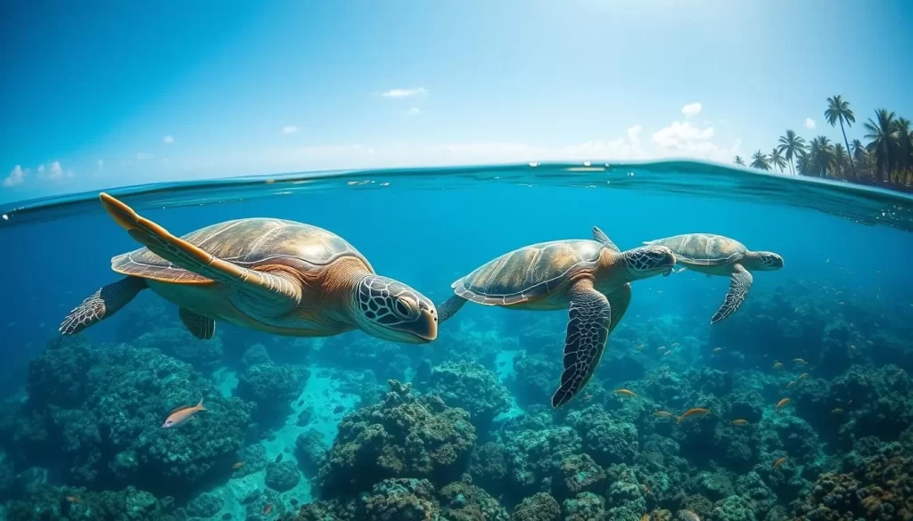 A vibrant seascape teeming with life, showcasing the majestic green hawksbill turtles swimming gracefully in their natural habitat. Capture the scene with a wide-angle lens, revealing the crystal-clear waters and the sun's warm rays filtering through the surface. In the foreground, observe the turtles' intricate shell patterns and their elegant movements as they glide effortlessly. In the middle ground, lush coral reefs and schools of colorful fish add depth and vibrancy to the composition. The background features a serene, pristine beach with swaying palm trees, creating a tranquil and idyllic atmosphere. Convey a sense of wonder and respect for these ancient mariners, emphasizing their timeless beauty and the importance of preserving their fragile ecosystem.