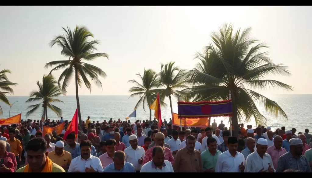 A vibrant seaside celebration unfolds on Agatti Island, as the Muharram observances come to life. In the foreground, a procession of devotees carrying colorful banners and chanting rhythmic prayers, their faces etched with solemnity. The middle ground reveals towering palm trees swaying gently in the warm breeze, their fronds casting playful shadows on the bustling crowds. In the background, the azure waters of the Arabian Sea shimmer, reflecting the sun's golden rays. The scene is bathed in a soft, warm light, creating an atmosphere of reverence and community. A serene yet captivating depiction of this significant cultural event.