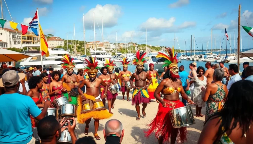A vibrant seaside festival in Bermuda, with local dancers in colorful costumes swaying to the rhythmic beats of steel drums. In the foreground, a lively crowd gathers around artisanal food stalls, the air filled with the aroma of spices and grilled seafood. In the middle ground, traditional Gombey performers in elaborate masks and feathered headdresses move gracefully through the throngs, as colorful flags and banners flutter in the gentle island breeze. In the background, a picturesque harbor scene with yachts and sailboats anchored, and the iconic pastel-colored Bermudian architecture providing a vibrant backdrop. Warm, natural lighting illuminates the joyous festivities, capturing the vibrant island culture and energy.