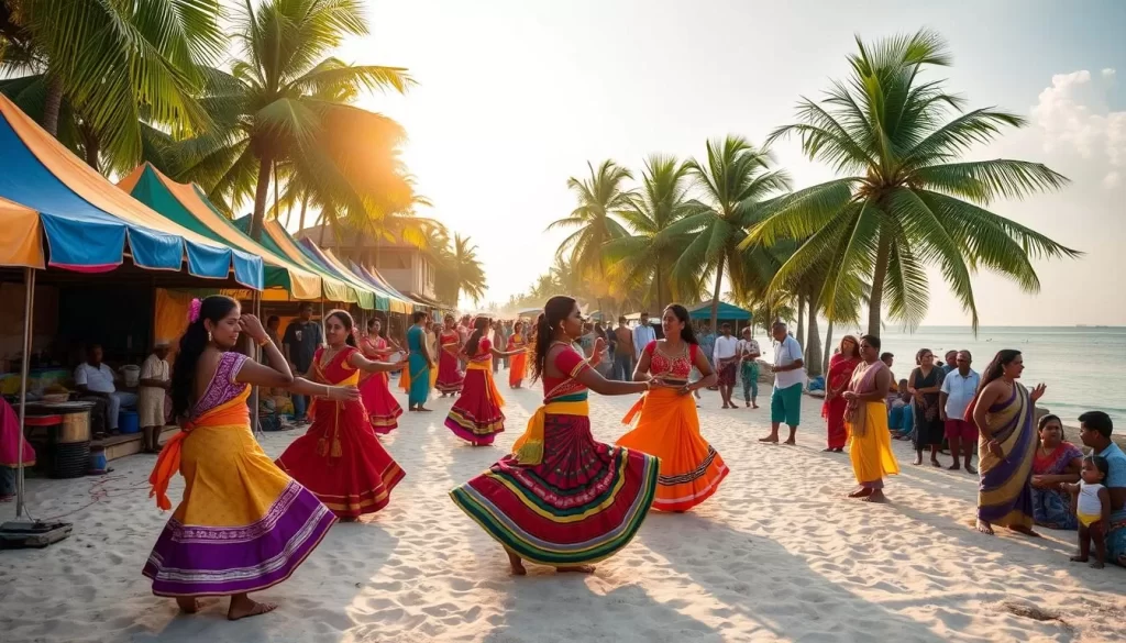A vibrant seaside festival in Lakshadweep, India. Colorful tents and stalls line the shores, their fabrics fluttering in the gentle breeze. Dancers in traditional costumes perform lively routines, their movements accentuated by the warm, golden sunlight filtering through the palm trees. In the background, community members gather, talking and laughing as they enjoy local delicacies and handmade crafts. The scene radiates a sense of celebration, cultural heritage, and joyful community spirit.