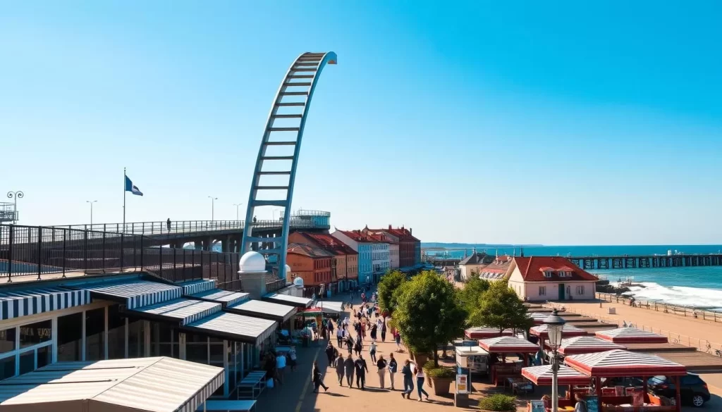 A vibrant seaside landscape showcasing the iconic Tri-City connection in Sopot, Poland. In the foreground, a bustling promenade lined with chic cafes and boutiques, their striped awnings catching the warm afternoon sunlight. Towering above, the graceful, curved silhouette of the historic Sopot Pier extends out over the sparkling Baltic Sea, its wooden planks and iron railings gleaming. In the middle ground, locals and tourists stroll leisurely, taking in the lively atmosphere. In the background, the distinctive architecture of Sopot's historic buildings stands proud, their pastel hues complementing the azure sky. A sense of seaside elegance and coastal charm pervades the scene, inviting the viewer to step into this charming Polish paradise.