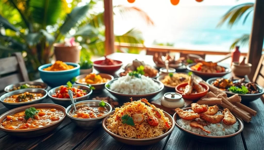A vibrant spread of traditional Lakshadweep festival dishes on a wooden table, bathed in warm, natural lighting. In the foreground, colorful curries, rice preparations, and fried seafood delicacies. The middle ground showcases aromatic spices, fresh herbs, and locally sourced ingredients. In the background, a glimpse of lush tropical foliage and a serene ocean view, capturing the essence of the island's culinary traditions. The composition exudes a sense of celebration, cultural richness, and the bounty of the sea that defines Lakshadweep's unique gastronomic heritage.