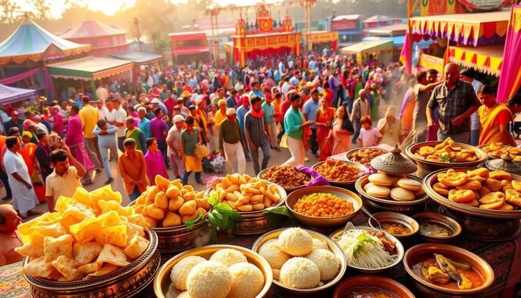 A vibrant spread of traditional Odia delicacies set against the backdrop of a bustling outdoor festival. In the foreground, a colorful array of steaming rice cakes, fluffy lentil fritters, and fragrant fish curries adorn a long table. Intricate brass platters and carved wooden bowls showcase the rich culinary heritage. In the middle ground, throngs of people in vibrant clothing weave through the scene, creating a lively atmosphere. The background is filled with colorful tents, festive banners, and the silhouettes of traditional performance stages. Warm, golden sunlight filters through, casting a gentle glow over the entire tableau. The overall impression is one of joy, celebration, and the unique flavors of Odisha's vibrant festival culture.