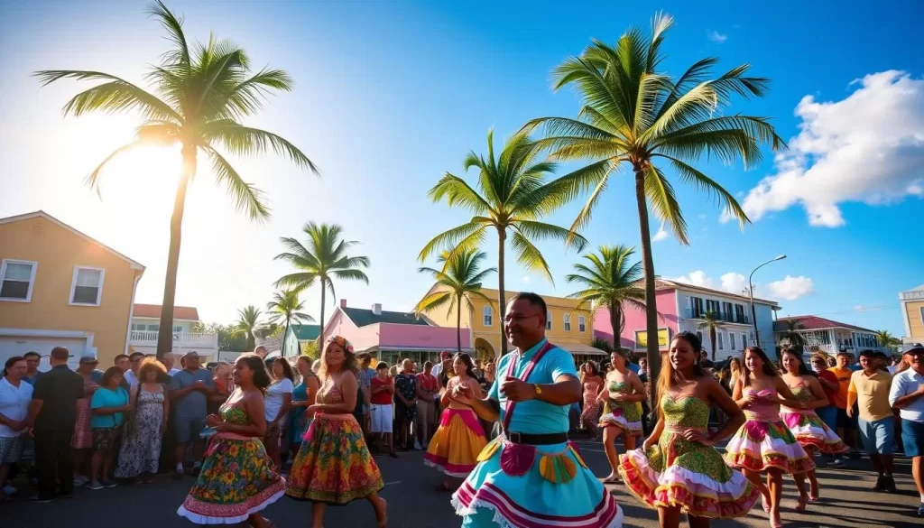 A vibrant spring day in Bermuda, the lush island paradise. In the foreground, a colorful parade of local dancers and musicians, their traditional costumes swaying with the island breeze. In the middle ground, cheerful crowds gather, their faces alight with joy and anticipation. The background reveals the island's iconic pastel-colored buildings, framed by swaying palm trees and a clear azure sky. The sun's golden rays bathe the scene in a warm, inviting glow, casting soft shadows and highlights that accentuate the festive atmosphere. A sense of community, tradition, and joie de vivre permeates the entire image, capturing the essence of Bermuda's vibrant spring celebrations.