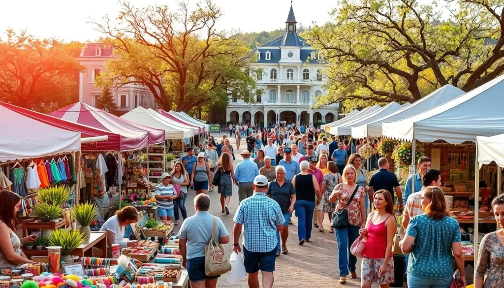 A vibrant spring festival in a lush Texas town, bustling with locals and tourists alike. In the foreground, a colorful array of handcrafted goods and artisan stalls, their owners enthusiastically showcasing their wares. In the middle ground, people meander through the festive atmosphere, sampling delectable regional cuisine and enjoying live music performances. The background features a picturesque town square, with historic buildings and blooming trees framing the scene. Warm natural lighting bathes the entire setting, creating a cheerful and inviting ambiance that captures the essence of Texas's spring celebrations.