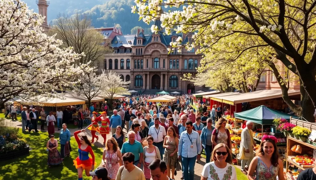 A vibrant spring festival in a lush, verdant setting. In the foreground, a colorful parade winds through the streets, with costumed dancers and musicians performing traditional dances. Warm sunlight filters through the blossoming trees, casting a soft glow over the festive scene. In the middle ground, market stalls offer an array of handcrafted wares, fragrant flowers, and delectable local cuisine. Clusters of people meander through the bustling marketplace, their joyful faces reflecting the celebratory atmosphere. In the background, historic buildings with ornate architecture provide a picturesque backdrop, hinting at the cultural heritage of the community. The overall mood is one of vibrant energy, community, and the rejuvenation of springtime.
