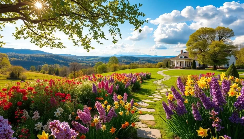 A vibrant spring garden in the heart of Virginia, USA. A lush foreground of colorful blooms - delicate cherry blossoms, fragrant lilacs, and radiant daffodils - sway gently in a soft breeze. Sunlight filters through a canopy of verdant trees, casting a warm, golden glow over the tranquil scene. In the middle ground, a winding stone path leads the eye through the enchanting floral display. The background features rolling hills, a clear blue sky with fluffy clouds, and the faint outline of a historic Virginia manor house. Capture the essence of springtime in this peaceful, picturesque Virginia landscape.
