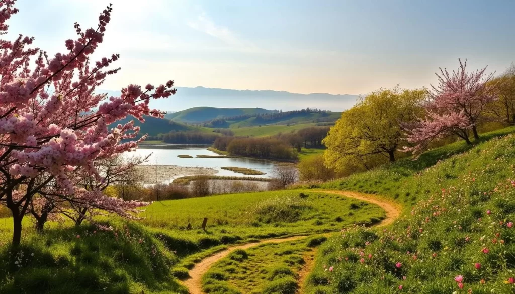 A vibrant spring scene, with a lush, verdant landscape bathed in warm, golden sunlight. In the foreground, a meandering path winds through a colorful array of blooming cherry blossom trees, their delicate pink petals softly cascading in the gentle breeze. In the middle ground, a serene pond reflects the tranquil sky above, its surface dotted with the occasional water lily. Beyond, rolling hills covered in wildflowers lead the eye towards a distant, hazy mountain range, creating a sense of depth and scale. The overall atmosphere is one of calm, inviting exploration, capturing the essence of a mild, weather-savvy spring adventure.
