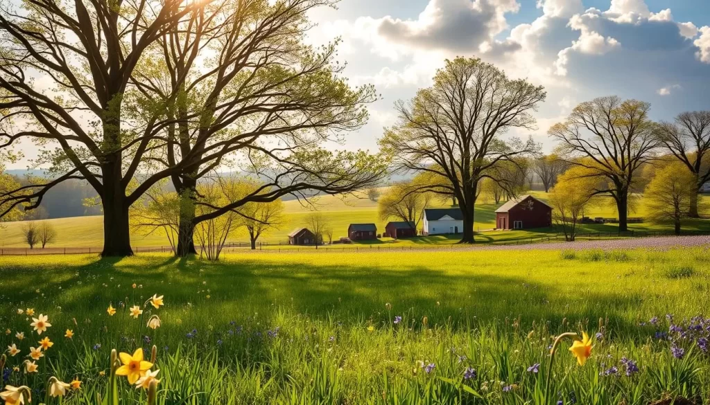 A vibrant springtime landscape in Indiana, bathed in warm, golden sunlight filtering through fluffy clouds. In the foreground, a lush meadow carpeted with blooming wildflowers - daffodils, bluebells, and violets sway gently in a soft breeze. Towering hardwood trees in the middle ground burst with fresh green foliage, their branches dappling the scene with intricate shadows. In the distance, rolling hills dotted with quaint farmhouses and red barns recede into a hazy horizon, creating a sense of depth and tranquility. The overall mood is one of renewal, optimism, and the natural beauty of an Indiana springtime.