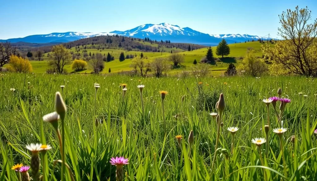 A vibrant springtime landscape in Minnesota, USA, during the months of April and May. A sun-dappled field of lush, verdant grasses and blooming wildflowers in the foreground, softly blowing in a gentle breeze. In the middle ground, a rolling, hilly terrain dotted with budding trees and shrubs, their branches reaching towards a clear, azure sky. The background features a distant, snow-capped mountain range, its peaks piercing the horizon. The lighting is warm and natural, casting a serene, picturesque atmosphere. Capture the essence of the region's transition from winter to spring through this harmonious, weather-savvy scene.