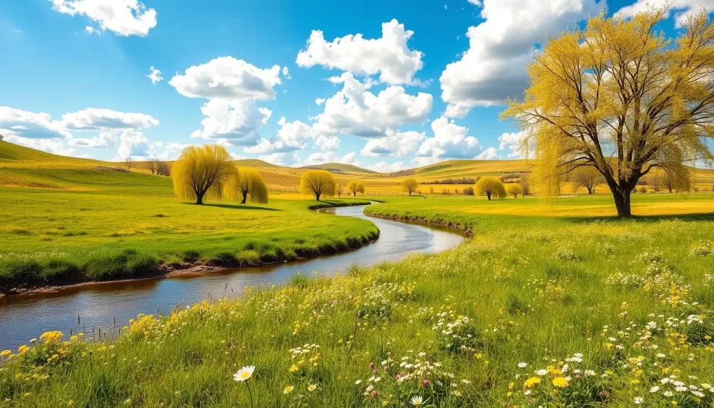 A vibrant springtime landscape in Nebraska, with lush green meadows dotted with blooming wildflowers. In the middle ground, a winding creek reflects the azure sky, its banks lined with verdant willow trees. Fluffy white clouds drift overhead, casting gentle shadows on the scene. The warm, golden sunlight bathes the entire vista, creating a tranquil and inviting atmosphere. In the distance, rolling hills rise up, their slopes covered in a patchwork of budding trees and verdant grasses. The overall impression is one of renewal, serenity, and the natural beauty of the Nebraska countryside in springtime.