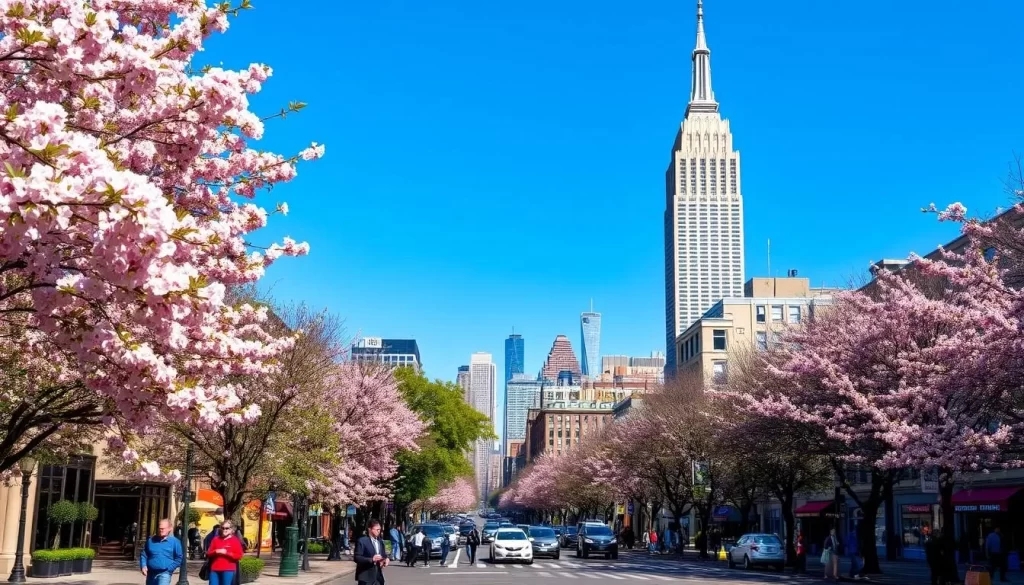 A vibrant springtime scene in New York City, the bustling streets and towering skyscrapers framed by a clear blue sky. In the foreground, lush cherry blossom trees line the sidewalks, their delicate pink petals dancing in a gentle breeze. Pedestrians stroll along the tree-lined avenues, taking in the sights and sounds of the city awakening from winter's slumber. In the mid-ground, the iconic Empire State Building stands tall, its art deco spire glittering in the warm sunshine. Farther back, the Manhattan skyline stretches out, a tapestry of shimmering glass and steel. The entire scene exudes a sense of energy and optimism, capturing the vibrant spirit of New York City in the springtime.
