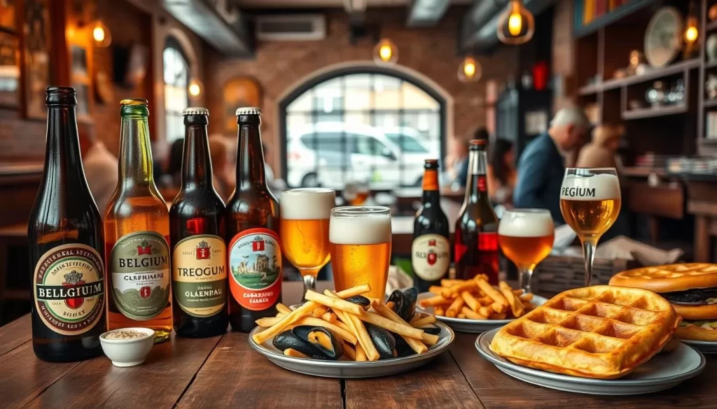 A vibrant still life in a warm, inviting setting showcasing the rich culinary heritage of Belgium. In the foreground, a selection of artisanal Belgian beers in various styles, their amber and golden hues glimmering under soft, natural lighting. Surrounding the beers, an array of traditional Belgian dishes, such as moules-frites, carbonnade flamande, and Belgian waffles, all presented with care and attention to detail. In the middle ground, a wooden table or counter, its worn surface adding a rustic charm to the scene. In the background, a cozy, intimate cafe or bistro setting, with hints of exposed brick, warm lighting, and the occasional glimpse of people enjoying their meals. The overall mood is one of comfort, indulgence, and a celebration of the country's celebrated food and drink culture.