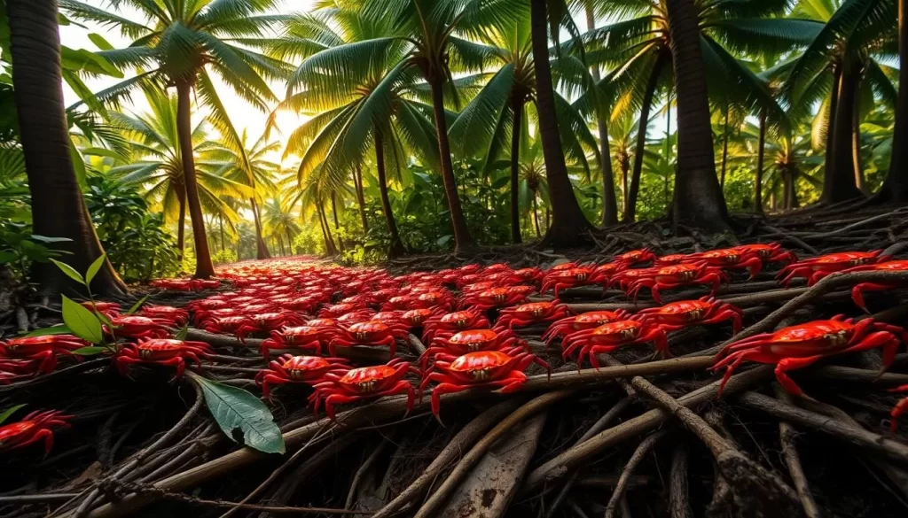 A vibrant stream of Christmas Island red crabs flowing across a lush, verdant forest floor, illuminated by warm, golden sunlight filtering through the canopy. The crabs scurry in a mesmerizing procession, their crimson carapaces glistening as they navigate the twisting roots and fallen leaves. In the background, towering palm trees sway gently, creating a serene and tropical atmosphere. The image captures the natural wonder and rhythmic migration of these remarkable creatures, a captivating seasonal event on this remote and biodiverse island.