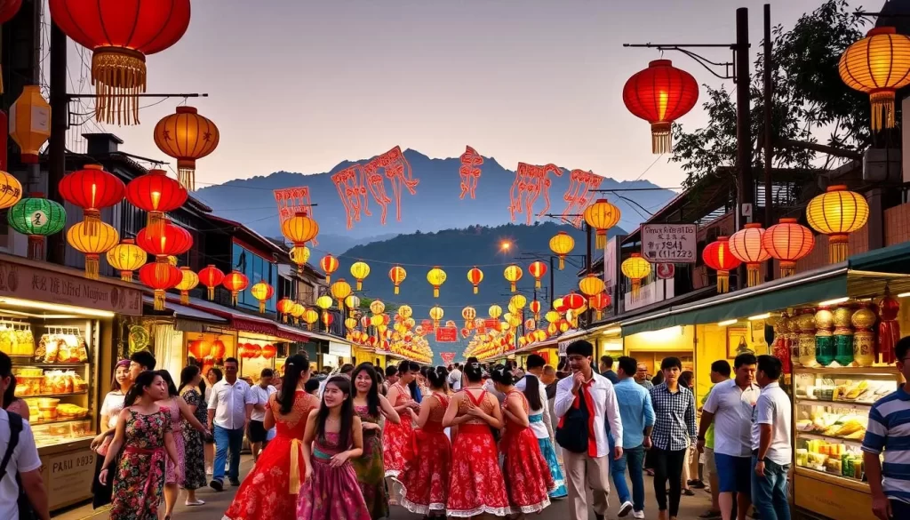 A vibrant street festival in Hualien County, Taiwan, with colorful lanterns, traditional dance performances, and lively crowds. In the foreground, a group of locals wearing intricate costumes swirl and sway to the rhythm of festive music. In the middle ground, stalls selling local delicacies and handcrafted goods line the streets, creating a bustling atmosphere. In the background, the majestic mountains of Hualien provide a stunning natural backdrop, bathed in warm, golden light. The scene exudes a sense of community, cultural richness, and the festive spirit that embodies the essence of Hualien County's vibrant festivals.