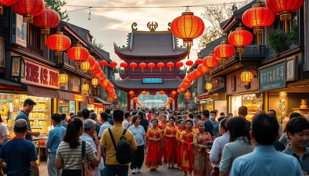 A vibrant street festival in Nantou County, Taiwan, with colorful lanterns, traditional dancers, and a lively crowd. Capture the energy of the celebration - people gathered around food stalls, musicians playing local instruments, and the warm glow of sunset lighting up the scene. Showcase the beautiful architecture, ornate temple, and bustling atmosphere that makes these festivals so captivating. Frame the image with a wide angle lens to showcase the full scope of the festivities, using soft, diffused lighting to create an inviting, almost dreamlike quality. Overall, convey the spirit of cultural heritage, community, and joy that permeates these vibrant Taiwanese festivals.