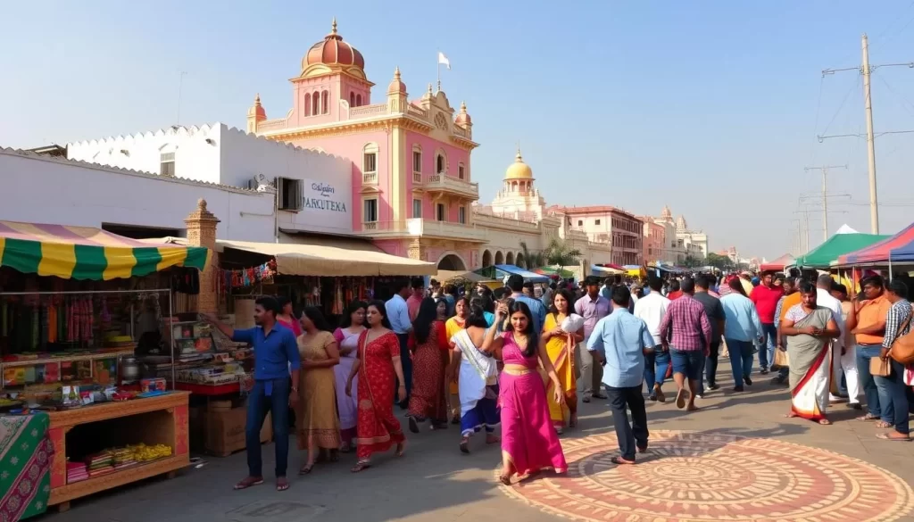 A vibrant street festival in the charming town of Puducherry, India. Colorful stalls line the promenade, selling local handicrafts, spices, and traditional sweets. People of diverse backgrounds mingle, dancing to the beat of traditional drums and music. In the background, ornate colonial-era buildings bask in the warm afternoon light, creating a unique blend of cultures. Intricate rangoli patterns decorate the ground, adding to the festive atmosphere. A sense of harmony and celebration fills the air, reflecting the rich heritage and diversity of this coastal community.