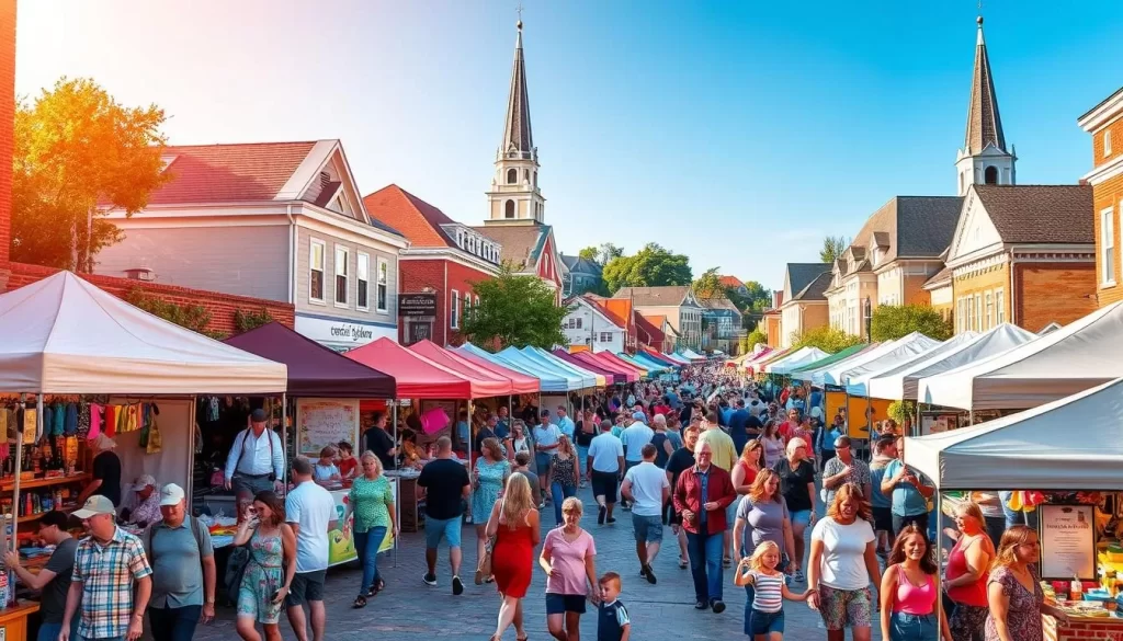 A vibrant street festival in the heart of Rhode Island, bustling with lively crowds, vibrant decorations, and the aroma of delectable local cuisine. In the foreground, colorful tents and stalls line the cobblestone streets, offering an array of handcrafted goods, artisanal wares, and live music performances. In the middle ground, families and friends gather, laughing and chatting, while children play and weave through the throngs of people. The background features the iconic architecture of historic Rhode Island, with church steeples and quaint buildings serving as a picturesque backdrop to the festive scene. Warm, golden sunlight bathes the entire landscape, creating a cheerful, inviting atmosphere that captures the essence of Rhode Island's vibrant festival culture.