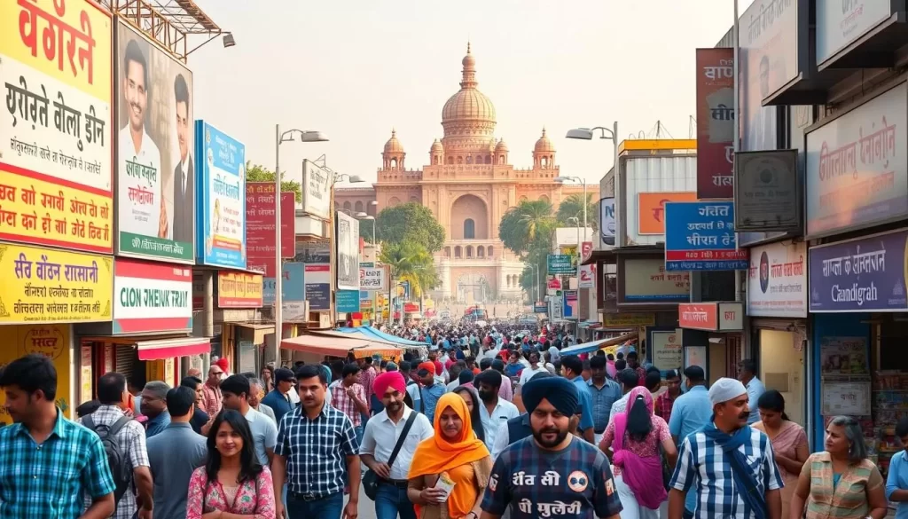 A vibrant street scene in Chandigarh, India, showcasing the linguistic diversity of the city. In the bustling foreground, pedestrians converse in a lively mix of Hindi and Punjabi, their animated gestures and expressions revealing the richness of their dialogues. Billboards and signage in both scripts adorn the facades of colorful storefronts, creating a visually striking tapestry. In the middle ground, a bustling marketplace with vendors offering an array of goods, their voices mingling in the harmonious cacophony of the city. The background features the iconic architectural landmarks of Chandigarh, bathed in warm, golden light, as if embracing the linguistic tapestry unfolding before them.