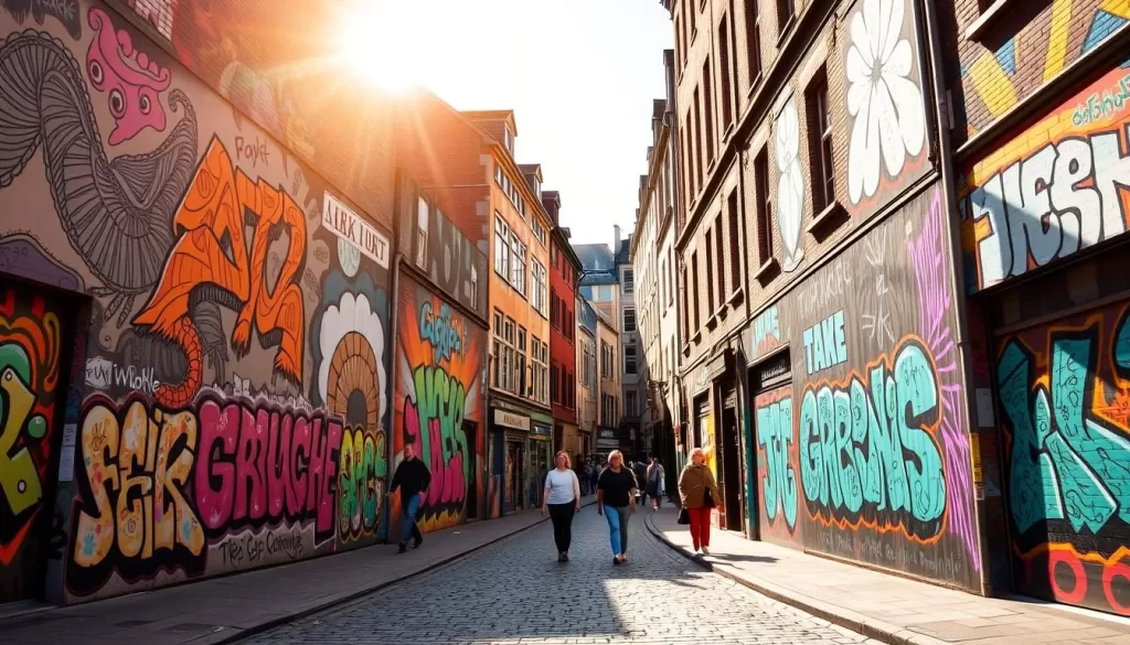 A vibrant street scene in Ghent, Belgium, captured on a sunny afternoon. The walls of the Werregarenstraat (Graffiti Street) are adorned with an array of dynamic, colorful murals. Intricate abstract patterns, whimsical characters, and bold typographic designs fill the frame, creating an immersive and visually stunning environment. The warm sunlight casts a golden glow, accentuating the textures and details of the artwork. Pedestrians casually stroll past, adding a sense of life and energy to the scene. The composition emphasizes the sheer variety and vibrancy of the street art, inviting the viewer to explore and discover the creative expressions that define this unique urban canvas.