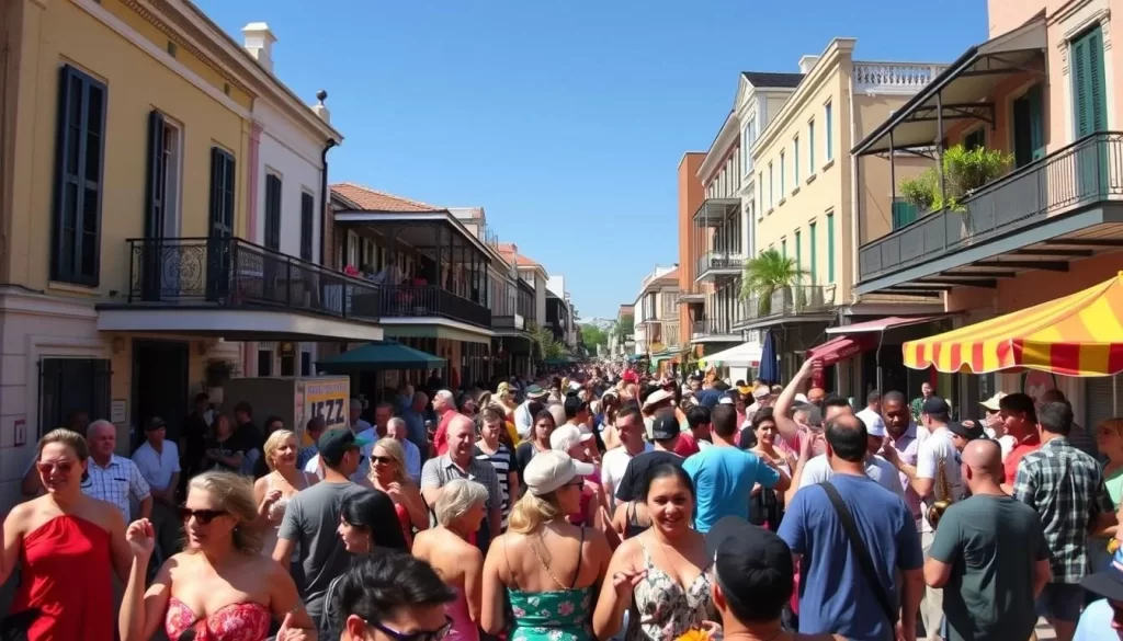 A vibrant street scene in New Orleans, filled with the lively celebration of Satchmo SummerFest. In the foreground, a crowd of revelers dances to the rhythmic beats of a jazz band, their colorful outfits and infectious joy creating a captivating spectacle. In the middle ground, food vendors offer delectable Creole delicacies, their aromas mingling with the soulful melodies. The background features the iconic architecture of the French Quarter, bathed in the warm glow of a sunny afternoon. The scene is infused with the spirit of Louisiana's rich cultural heritage, perfectly capturing the essence of this unique festival dedicated to the legacy of the legendary Louis "Satchmo" Armstrong.