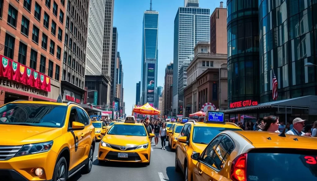 A vibrant street scene in New York City during a lively festival, with a colorful array of transportation options. In the foreground, yellow taxis and rideshare vehicles navigate the busy streets, their headlights casting a warm glow. In the middle ground, a crowd of pedestrians strolls along the sidewalks, carrying festival souvenirs and food treats. The background is dominated by the iconic skyscrapers of the city, their glass facades reflecting the clear blue sky. The overall atmosphere is one of excitement and celebration, with the energy of the festival palpable in the air.