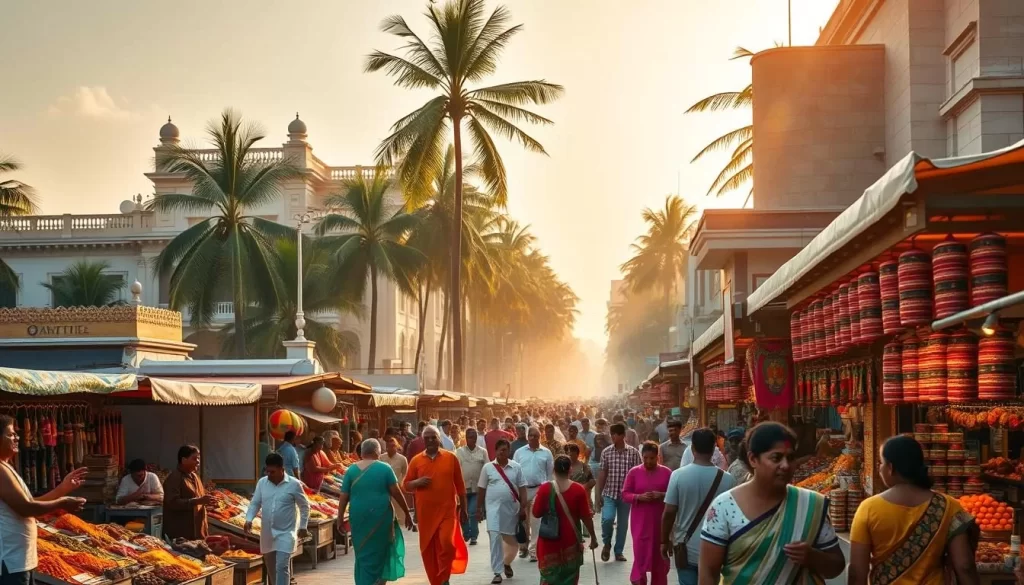 A vibrant street scene in Puducherry during the festival season. Colorful rows of stalls lining the roads, selling traditional crafts, spices, and local delicacies. People in festive attire stroll by, sampling street food and browsing the wares. In the background, historic colonial-era buildings and towering palm trees frame the lively atmosphere. Warm, golden sunlight filters through the scene, casting a celebratory glow. Capture the sights, sounds, and energy of Puducherry's vibrant festival culture in a detailed, atmospheric image.