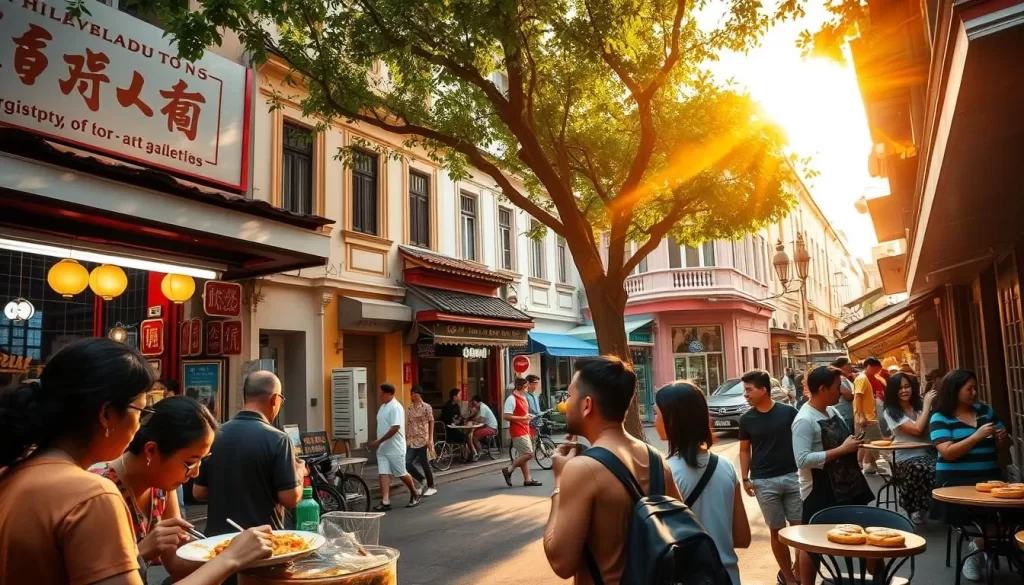 A vibrant street scene in Singapore's bustling Chinatown, showcasing a variety of local eateries and cafes. In the foreground, a group of friends enjoying a hearty plate of laksa, a spicy noodle soup, at a bustling hawker stall. The middle ground features a quaint cafe with outdoor seating, where patrons sip on local kopi and indulge in flaky pineapple tarts. In the background, colorful shop houses line the streets, their facades adorned with intricate architectural details. Warm, golden sunlight filters through the overhead trees, creating a inviting and authentic atmosphere. The scene captures the energy and vibrancy of Singapore's vibrant food culture.