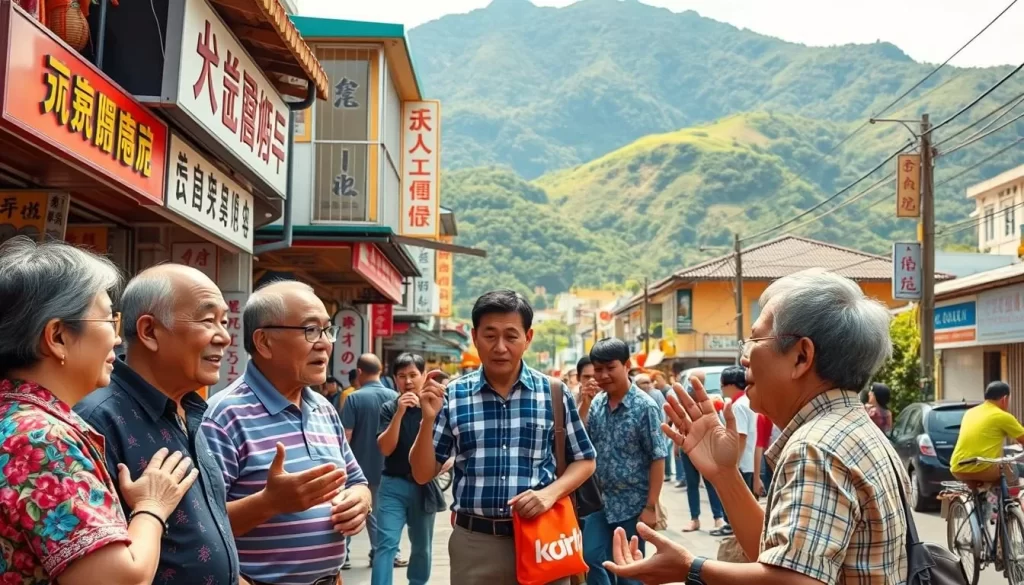 A vibrant street scene in Taitung County, Taiwan, capturing the essence of the Taiwanese Hokkien dialect. In the foreground, local residents converse animatedly, their hand gestures and facial expressions conveying the rhythm and nuance of the language. Colorful storefronts and signage in the middle ground showcase the unique Hokkien script and typography. In the background, the lush, verdant mountains provide a serene backdrop, hinting at the cultural and natural beauty of the region. The scene is illuminated by warm, golden sunlight, creating a welcoming and authentic atmosphere.