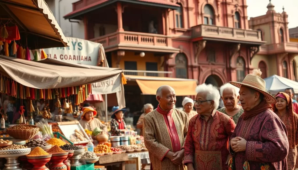 A vibrant street scene in Tawau, Malaysia, showcasing the city's rich cultural heritage. In the foreground, a bustling local market filled with colorful stalls selling traditional handicrafts, spices, and fresh produce. In the middle ground, a group of elders dressed in intricate, culturally-significant attire engaged in lively conversation. The background features a backdrop of historic, colonial-era buildings with ornate architectural details, bathed in warm, afternoon sunlight. The atmosphere is lively and inviting, capturing the essence of Tawau's vibrant cultural tapestry. Shoot with a wide-angle lens to capture the full scope of the scene, with a shallow depth of field to draw the viewer's attention to the key elements.