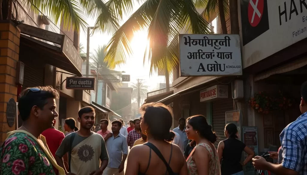 A vibrant street scene in a Goan neighborhood, bustling with a diverse array of languages. In the foreground, locals converse in Konkani, the official language, their animated gestures and lively expressions conveying the richness of their culture. In the middle ground, shopkeepers call out in Hindi, Marathi, and English, reflecting Goa's cosmopolitan character. In the background, a weathered signboard displays the flowing script of Portuguese, a lingering remnant of the region's colonial past. Warm, golden sunlight filters through the palm fronds, casting a serene glow over the entire scene. The overall atmosphere evokes the multicultural tapestry that is Goa, a harmonious blend of diverse linguistic traditions.