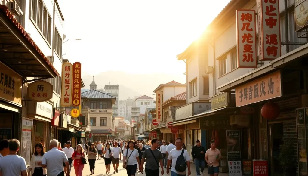 A vibrant street scene in a bustling Taiwanese city, with traditional Hokkien signage adorning the storefronts and buildings. The sun casts a warm, golden glow over the scene, highlighting the intricate architectural details and the lively atmosphere. In the foreground, pedestrians stroll along the sidewalk, engaged in animated conversations, while the middle ground features a mix of modern and historic structures, reflecting the cultural diversity of the region. In the background, the iconic mountains of Hualien County rise majestically, providing a stunning natural backdrop to this urban landscape. The overall scene evokes a sense of the rich linguistic heritage and vibrant cultural fabric of Taiwan's Hokkien-speaking community.