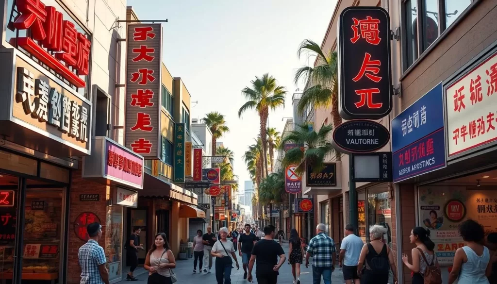 A vibrant street scene in a diverse California neighborhood, showcasing the rich tapestry of Asian languages. Neon signs in Chinese, Japanese, and Korean script illuminate the bustling storefronts, while pedestrians converse in Tagalog, Vietnamese, and Hindi. Warm afternoon sunlight casts long shadows on the sidewalk, and a gentle breeze carries the aroma of fragrant cuisines. In the background, palm trees sway, and the iconic architecture of California blends seamlessly with the multicultural ambiance. The image captures the dynamic integration of Asian cultures within the fabric of the Golden State.