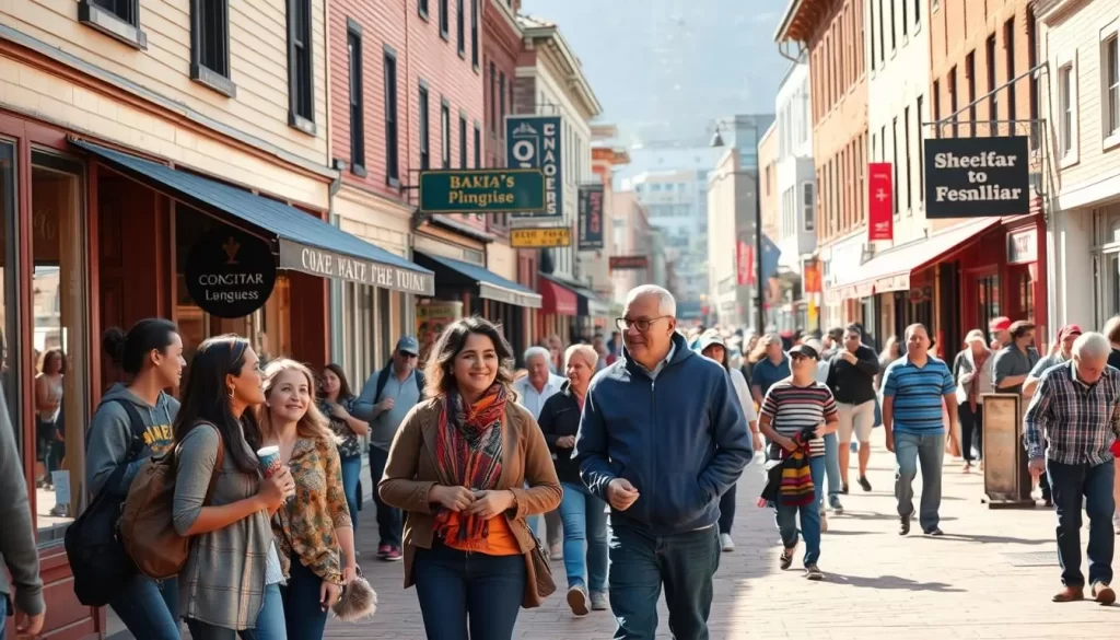 A vibrant street scene in a diverse New Hampshire town, with people of various ethnicities and ages strolling, chatting, and engaging in lively conversations. Warm sunlight bathes the scene, highlighting the architectural details of the historic buildings lining the sidewalks. In the foreground, a group of friends from different backgrounds animatedly discuss in their native languages, while a parent and child from an immigrant family window-shop at a local store. In the middle ground, a street performer showcases their multilingual talents, captivating a crowd of onlookers. The background features a mix of modern and traditional storefronts, each with their own unique signage and linguistic diversity. The overall atmosphere conveys a sense of cultural richness and community in this vibrant New Hampshire town.