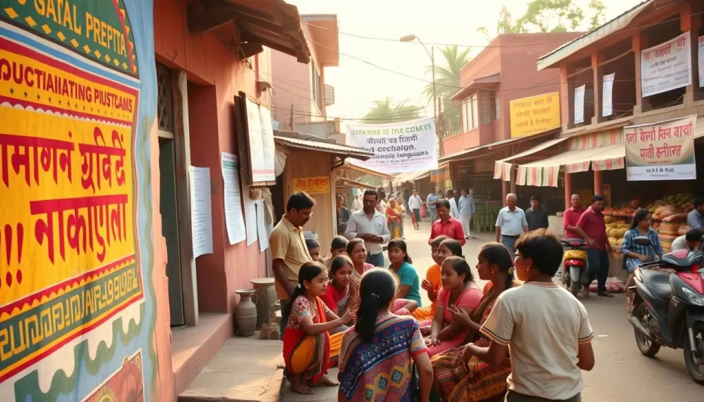 A vibrant street scene in a rural Jharkhand village, showcasing local language preservation initiatives. In the foreground, a colorful mural depicting traditional tribal motifs and scripts adorns the wall of a community center. In the middle ground, a group of students engages in a lively language lesson, surrounded by posters and banners highlighting the importance of preserving indigenous languages. The background features a bustling marketplace, with vendors selling traditional handicrafts and local produce. Warm, natural lighting casts a serene glow over the entire scene, emphasizing the community's pride and dedication to safeguarding their linguistic heritage.