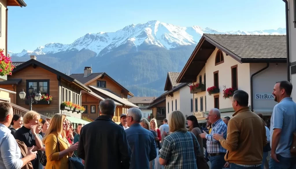 A vibrant street scene in the charming alpine village of Malbun, Liechtenstein. In the foreground, locals and visitors engage in animated conversations, gesturing expressively as they exchange ideas. The middle ground features quaint buildings with traditional Liechtenstein architecture, their facades adorned with colorful flower boxes. In the background, the majestic Malbun mountains rise, their snow-capped peaks creating a dramatic and picturesque backdrop. The overall scene conveys a sense of lively cultural exchange and the interconnectedness of language, community, and the breathtaking natural landscape of this Alpine setting. Soft, warm lighting bathes the scene, creating a welcoming and inviting atmosphere.