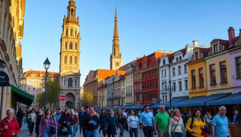A vibrant street scene in the heart of Białystok, Poland. In the foreground, locals stroll along a bustling sidewalk, their colorful clothing and lively expressions capturing the energy of the city. Towering historic buildings line the middle ground, their ornate facades bathed in warm, golden sunlight. In the background, a church spire pierces the clear blue sky, its intricate architecture and imposing presence exuding a sense of cultural heritage. The scene evokes a charming, inviting atmosphere, perfectly capturing the essence of Białystok's vibrant and welcoming character.