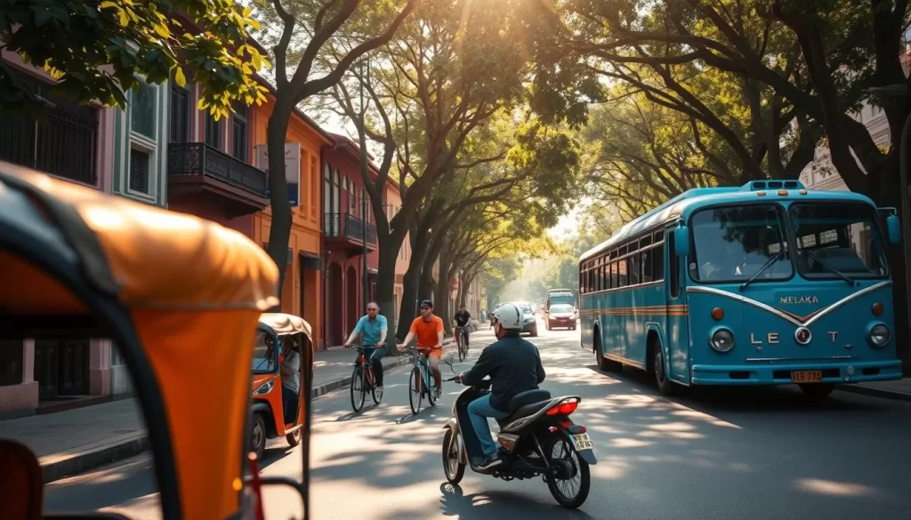 A vibrant street scene in the historic city of Melaka, Malaysia, showcasing the diverse modes of transportation. In the foreground, a sleek tuk-tuk taxi navigates the narrow streets, its bright orange hue catching the eye. In the middle ground, a group of cyclists leisurely explore the charming city, passing by colorful shophouses and traditional architecture. In the background, a vintage-style bus, painted in a distinctive Melaka blue, cruises along the tree-lined avenue, blending old and new. Warm sunlight filters through the lush foliage, casting a golden glow over the scene and creating a welcoming, vibrant atmosphere.