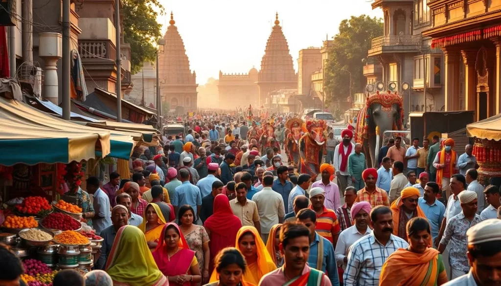 A vibrant street scene of a Delhi festival, bathed in warm golden light. In the foreground, vendors sell colorful flowers, spices, and traditional handicrafts. Throngs of people in festive attire - saris, kurtas, and turbans - mill about, creating a lively atmosphere. In the middle ground, ornate temples and historic architecture provide a stunning backdrop, their intricate details illuminated by the setting sun. The background features a lively parade, with drummers, dancers, and decorated elephants, all contributing to the celebratory mood. The image conveys the energy, color, and cultural richness of a Delhi festival, capturing the essence of this vibrant city.