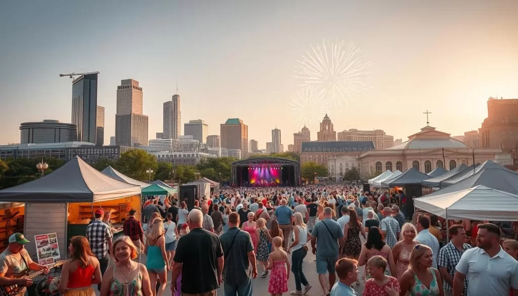 A vibrant summer celebration in downtown Omaha, Nebraska. In the foreground, families enjoy lively street performances, with musicians playing upbeat tunes and colorful dancers moving to the rhythm. Stalls selling local delicacies and crafts line the bustling sidewalks, creating a lively, festive atmosphere. In the middle ground, people of all ages gather around a central stage, where a grand fireworks display illuminates the sky with dazzling bursts of color. In the background, the iconic skyline of Omaha's skyscrapers and historic buildings provide a picturesque backdrop, bathed in the warm glow of the summer sun. The scene captures the vibrant spirit and community celebration of Omaha's best seasonal events.