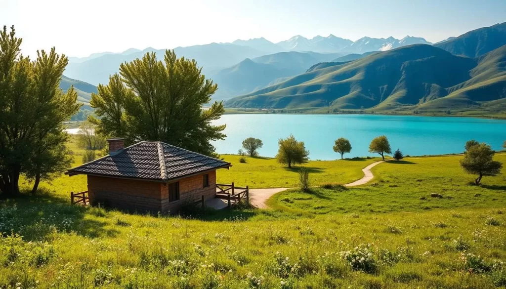 A vibrant summer day in Uzbekistan's countryside, lush green meadows dotted with wildflowers sway gently in the warm breeze. In the foreground, a traditional clay-walled house with a tiled roof nestled among towering trees, their dappled shade casting a peaceful ambiance. The middle ground reveals a winding path leading to a shimmering turquoise lake, its calm surface reflecting the surrounding landscape. In the distance, the majestic Tian Shan mountains rise, their snow-capped peaks bathed in golden afternoon light. The whole scene is suffused with a sense of tranquility and timeless beauty, capturing the essence of a Uzbek summer.