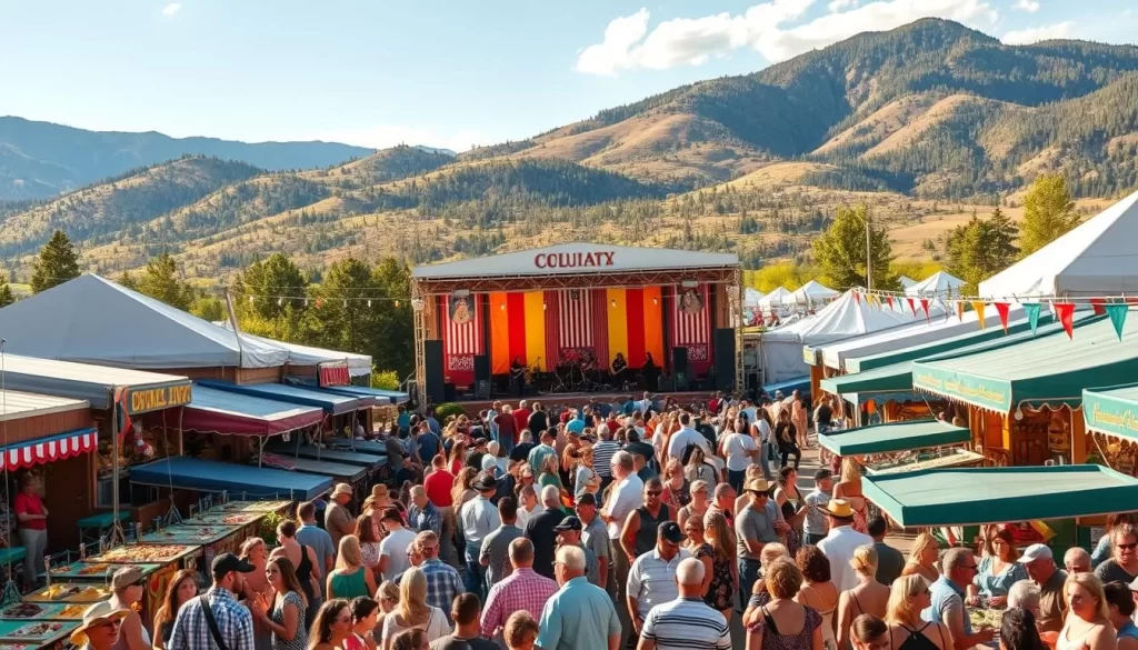 A vibrant summer festival in Colorado, USA. In the foreground, lively crowds gather around colorful booths selling local crafts and delicacies. The middle ground features a central stage with musicians performing energetic tunes, surrounded by festive decorations and twinkling lights. In the background, a picturesque mountain landscape provides a stunning natural backdrop, bathed in warm, golden afternoon sunlight. The atmosphere is one of joy, community, and celebration of the region's rich cultural heritage. The scene is captured with a wide-angle lens to convey the full scale and energy of the event.